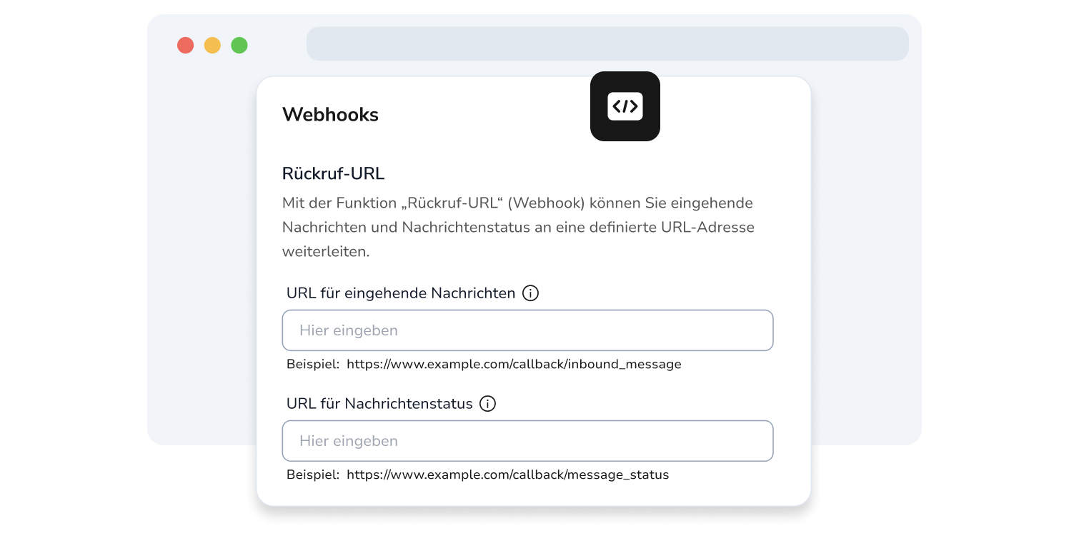 Screenshot der API-Seite von TopMessage mit Feldern für die Webhook-Einrichtung.