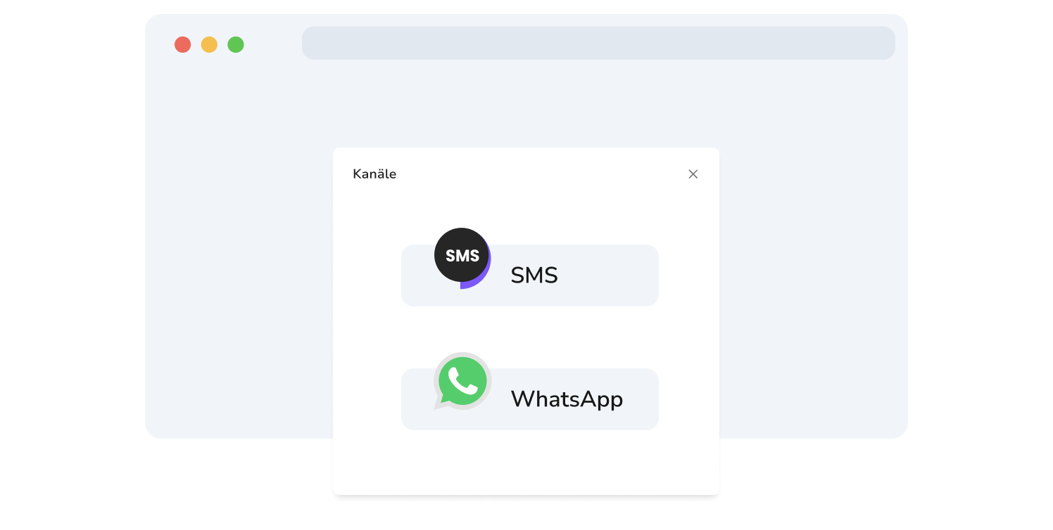 Screenshot der Auswahlseite für WhatsApp- und SMS-Kanäle in TopMessage.