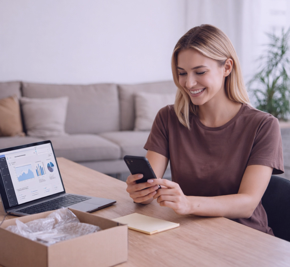 Person hält ein Smartphone und lächelt, was einen Kunden darstellt, der einen Checkout-Prozess über einen TopMessage-SMS-Link abschließt.