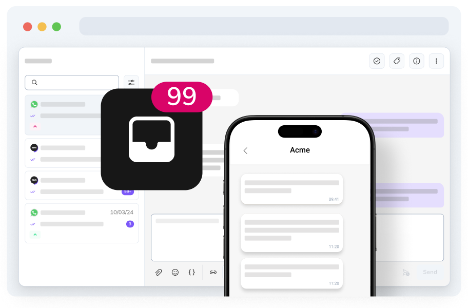 Schnittstelle der Messaging-Plattform mit Smartphone und Benachrichtigungsabzeichen, das 99 Nachrichten anzeigt, was ein hohes Nachrichtenaufkommen darstellt.