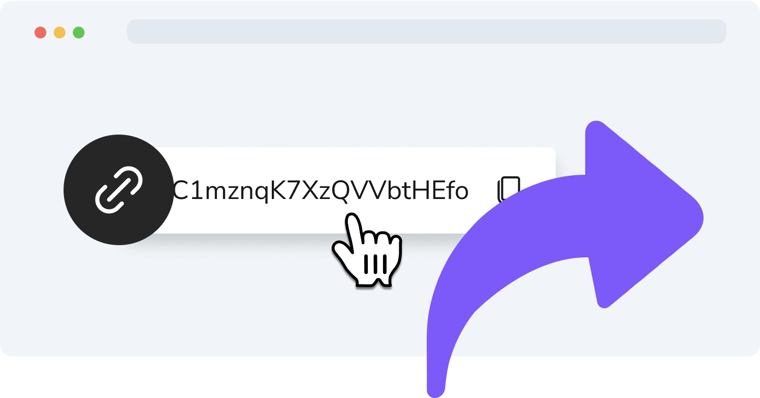 Symbol des Partnerprogramms mit einem Handcursor, der auf einen Link klickt, und einem violetten Pfeil, der das Teilen von Links symbolisiert.