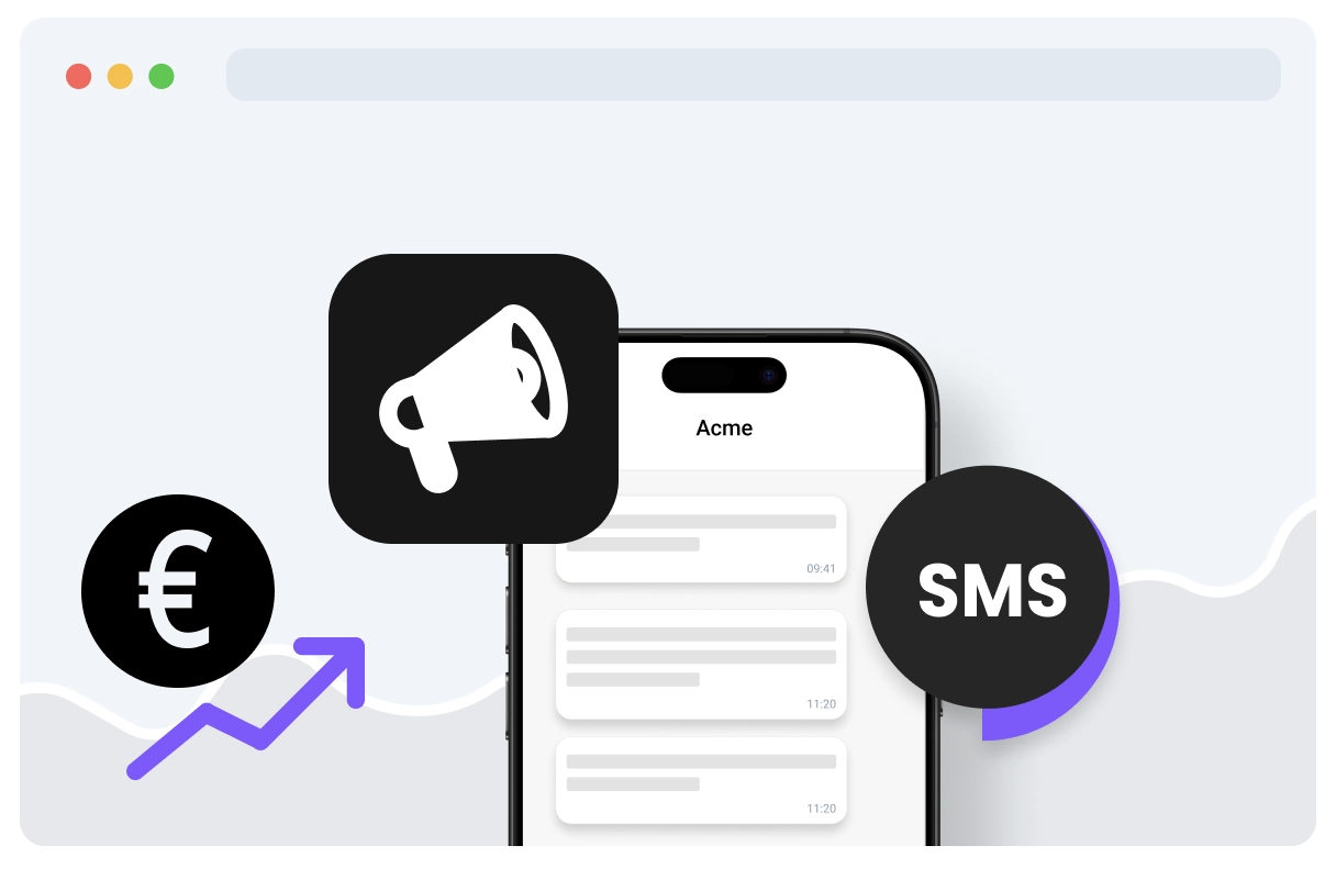Smartphone mit SMS- und Megaphonsymbolen, neben dem Euro-Symbol und einem Aufwärtspfeil, die SMS-Marketing und Umsatzwachstum darstellen.